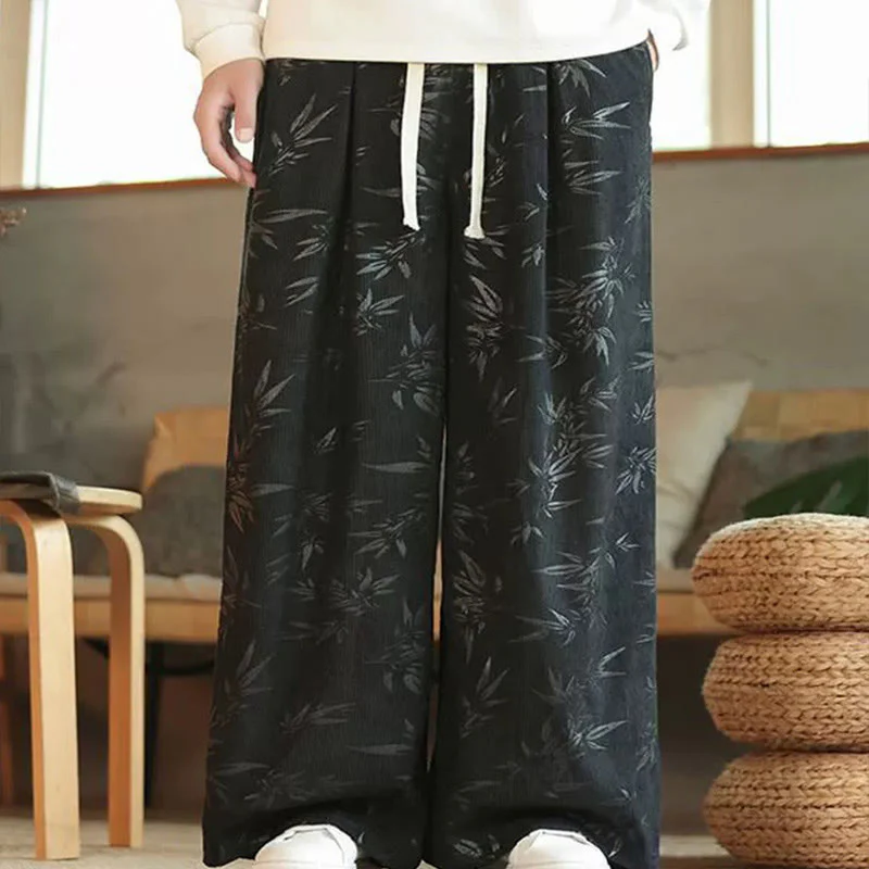 Pantaloni da uomo a gamba larga in velluto a coste con coulisse, in cotone, con tasche, motivo Buddha Stones Bamboo Leaves - Image 14