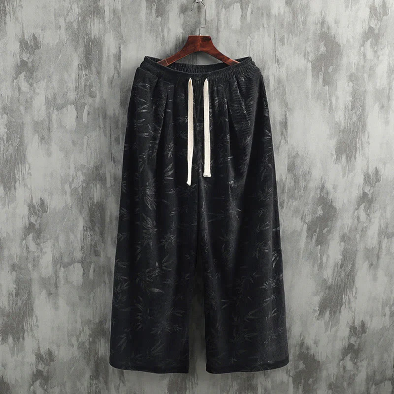 Pantaloni da uomo a gamba larga in velluto a coste con coulisse, in cotone, con tasche, motivo Buddha Stones Bamboo Leaves - Image 15