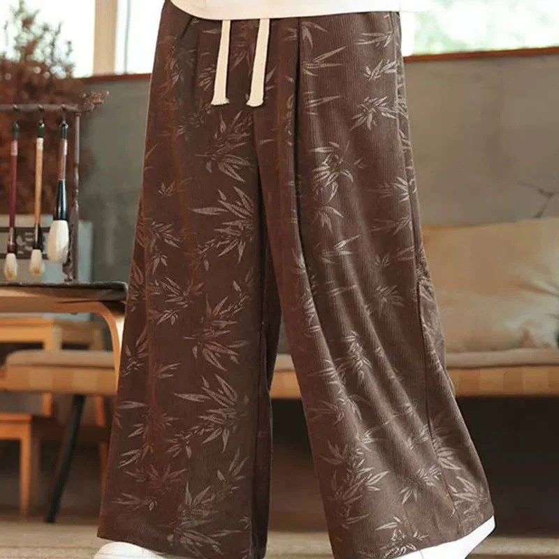 Pantaloni da uomo a gamba larga in velluto a coste con coulisse, in cotone, con tasche, motivo Buddha Stones Bamboo Leaves - Image 17