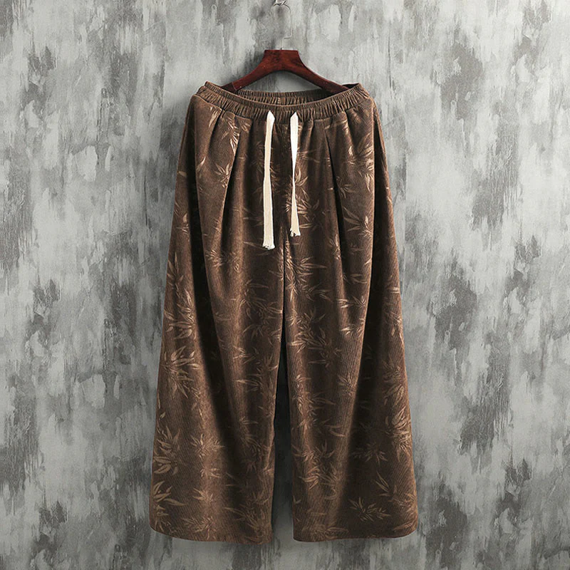 Pantaloni da uomo a gamba larga in velluto a coste con coulisse, in cotone, con tasche, motivo Buddha Stones Bamboo Leaves - Image 18