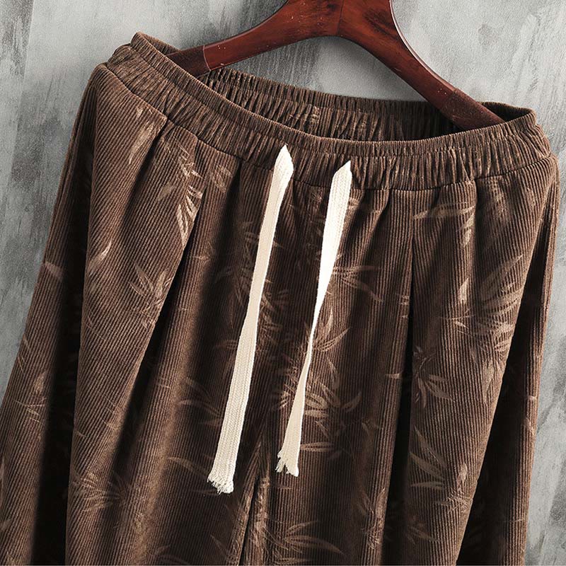 Pantaloni da uomo a gamba larga in velluto a coste con coulisse, in cotone, con tasche, motivo Buddha Stones Bamboo Leaves - Image 19