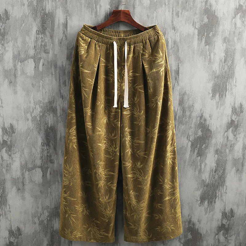 Pantaloni da uomo a gamba larga in velluto a coste con coulisse, in cotone, con tasche, motivo Buddha Stones Bamboo Leaves - Image 5