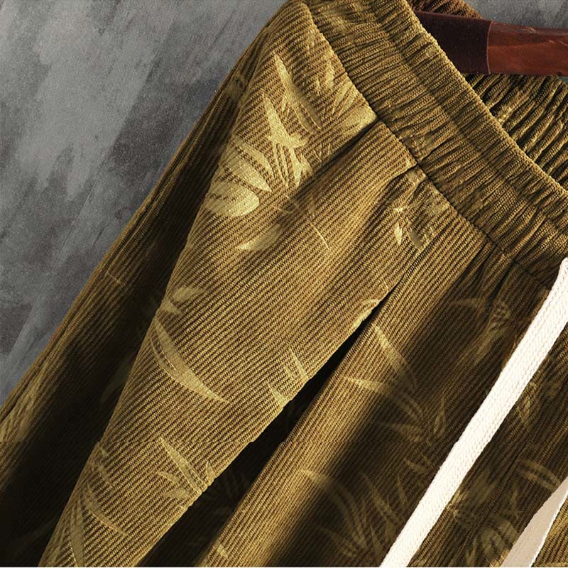 Pantaloni da uomo a gamba larga in velluto a coste con coulisse, in cotone, con tasche, motivo Buddha Stones Bamboo Leaves - Image 9