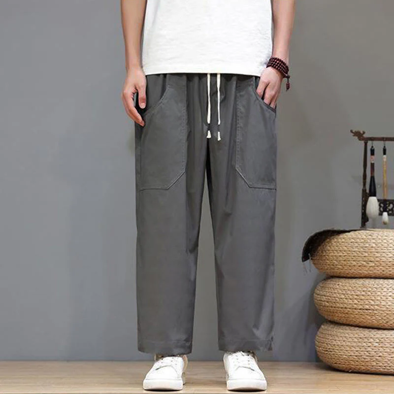 Pantaloni da uomo con tasche, lunghezza 7-8, gamba dritta, tinta unita, coulisse, estate , Buddha Stones - Image 10