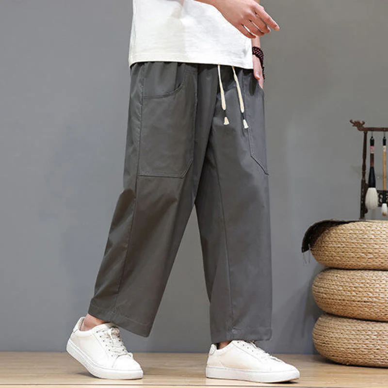 Pantaloni da uomo con tasche, lunghezza 7-8, gamba dritta, tinta unita, coulisse, estate , Buddha Stones - Image 11