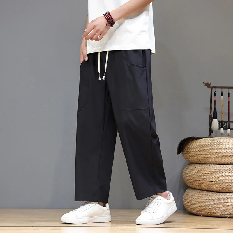 Pantaloni da uomo con tasche, lunghezza 7-8, gamba dritta, tinta unita, coulisse, estate , Buddha Stones - Image 17
