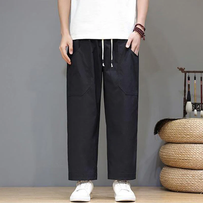 Pantaloni da uomo con tasche, lunghezza 7-8, gamba dritta, tinta unita, coulisse, estate , Buddha Stones - Image 18