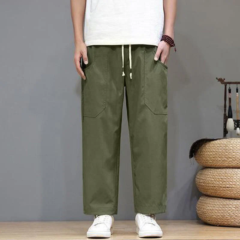 Pantaloni da uomo con tasche, lunghezza 7-8, gamba dritta, tinta unita, coulisse, estate , Buddha Stones - Image 2
