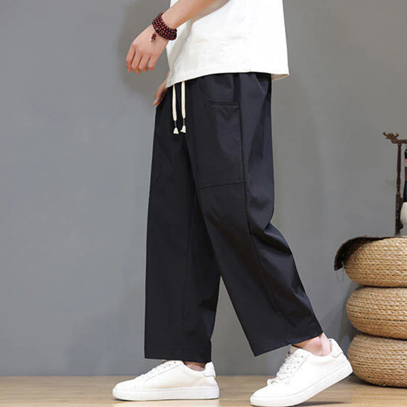 Pantaloni da uomo con tasche, lunghezza 7-8, gamba dritta, tinta unita, coulisse, estate , Buddha Stones - Image 22