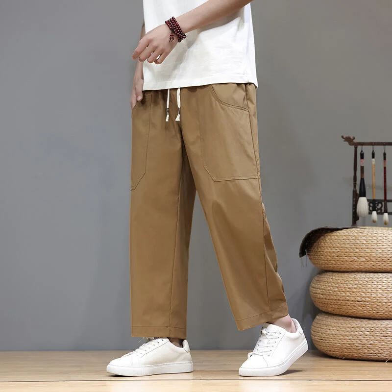 Pantaloni da uomo con tasche, lunghezza 7-8, gamba dritta, tinta unita, coulisse, estate , Buddha Stones - Image 25