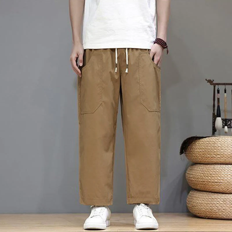 Pantaloni da uomo con tasche, lunghezza 7-8, gamba dritta, tinta unita, coulisse, estate , Buddha Stones - Image 26