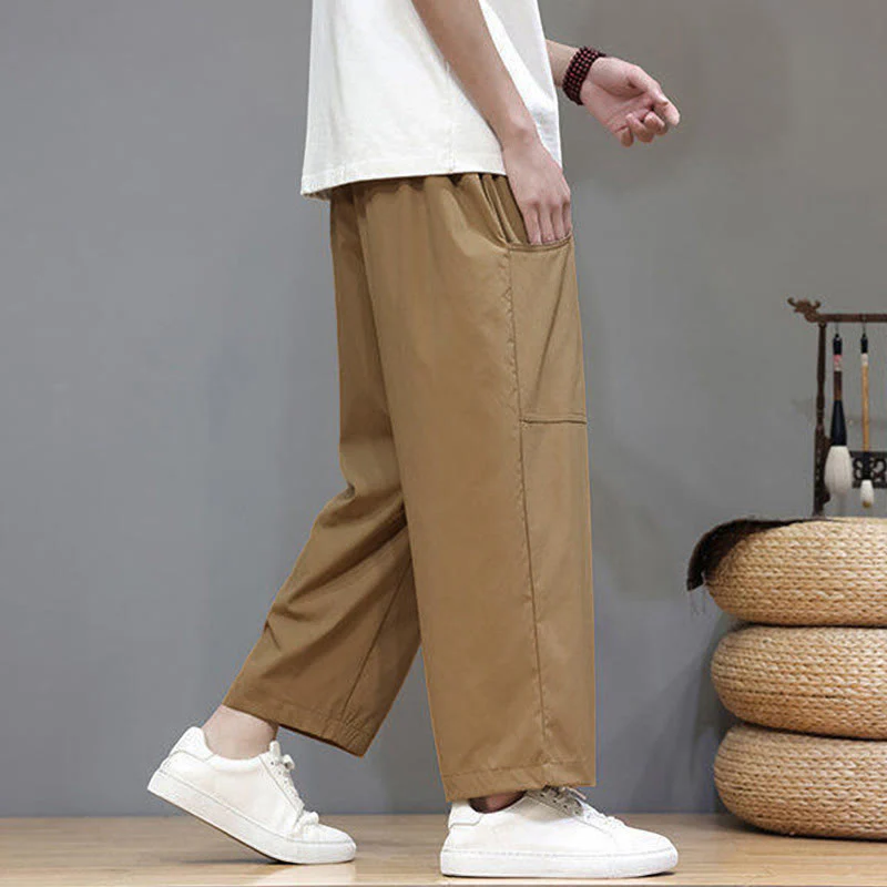 Pantaloni da uomo con tasche, lunghezza 7-8, gamba dritta, tinta unita, coulisse, estate , Buddha Stones - Image 27