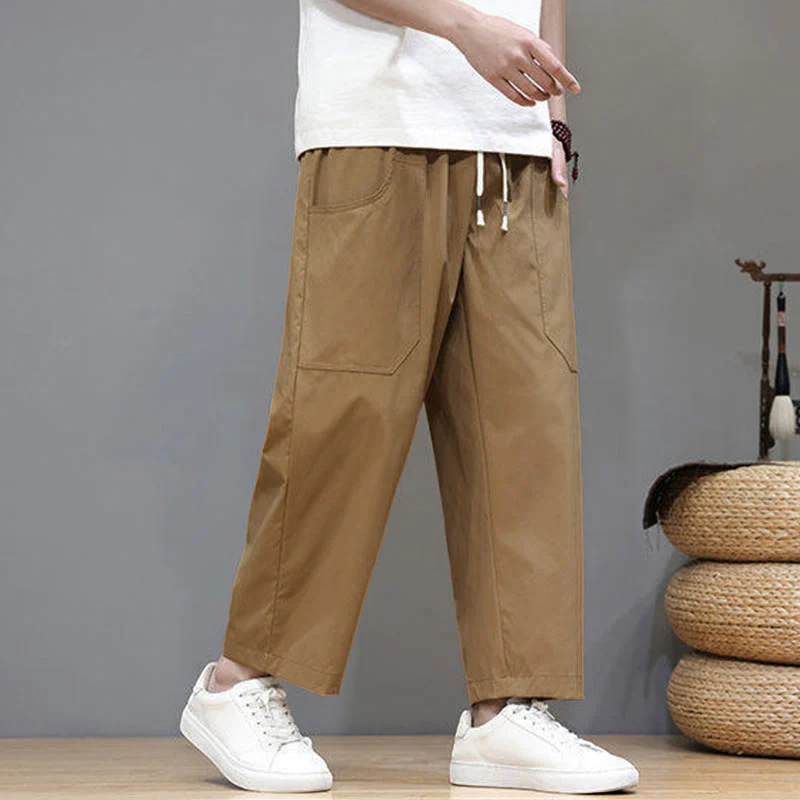 Pantaloni da uomo con tasche, lunghezza 7-8, gamba dritta, tinta unita, coulisse, estate , Buddha Stones - Image 31