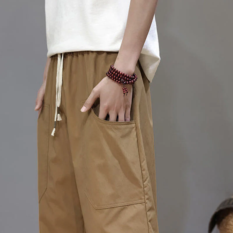 Pantaloni da uomo con tasche, lunghezza 7-8, gamba dritta, tinta unita, coulisse, estate , Buddha Stones - Image 34