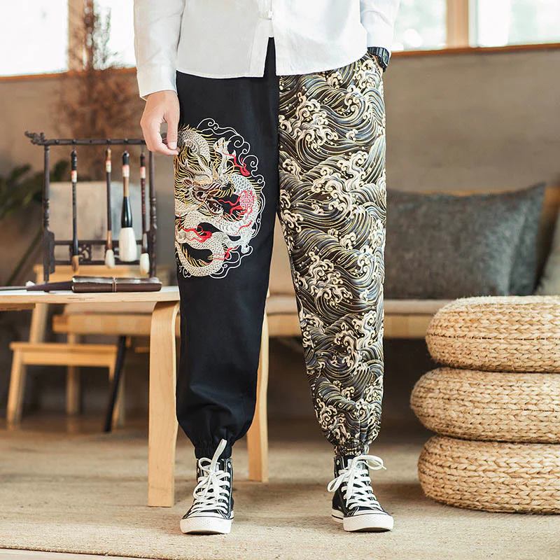 Pantaloni da uomo bicolore con tasche e motivo a drago Buddha Stones