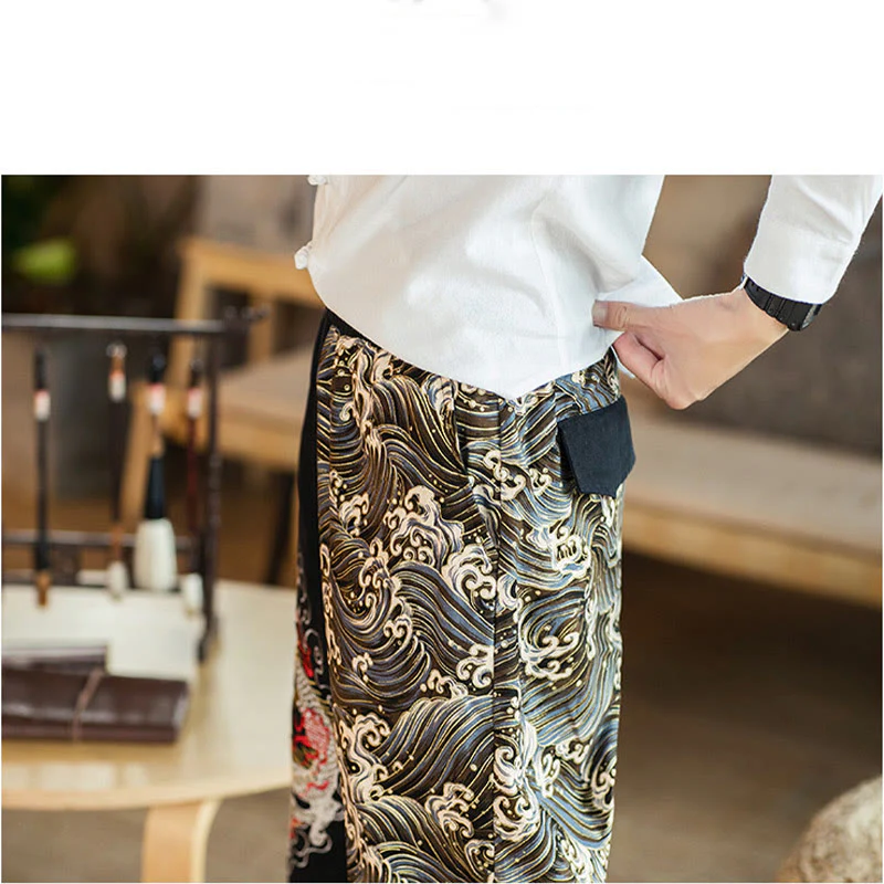 Pantaloni da uomo bicolore con tasche e motivo a drago Buddha Stones - Image 2
