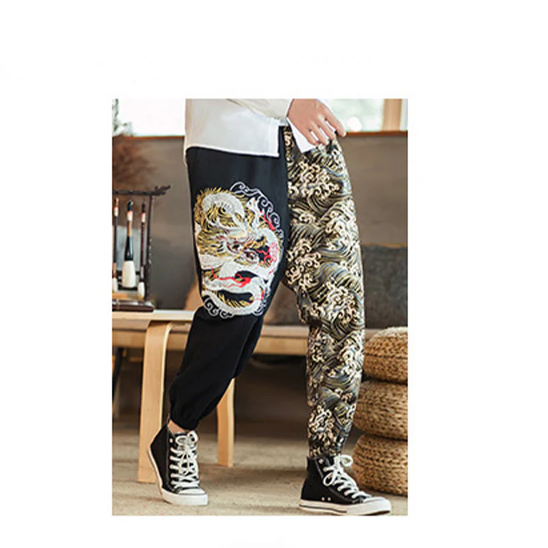 Pantaloni da uomo bicolore con tasche e motivo a drago Buddha Stones - Image 3