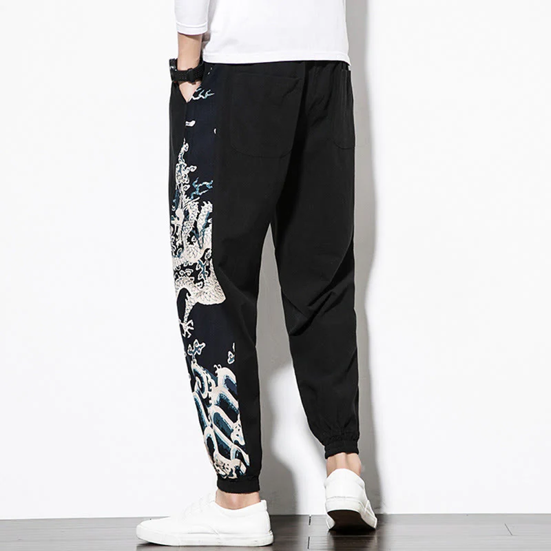 Pantaloni da uomo in cotone Buddha Stones Summer Dragon Waves con tasche - Image 12