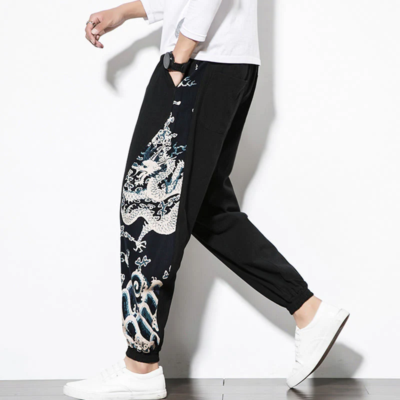 Pantaloni da uomo in cotone Buddha Stones Summer Dragon Waves con tasche - Image 15