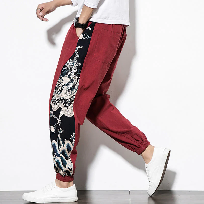 Pantaloni da uomo in cotone Buddha Stones Summer Dragon Waves con tasche - Image 24