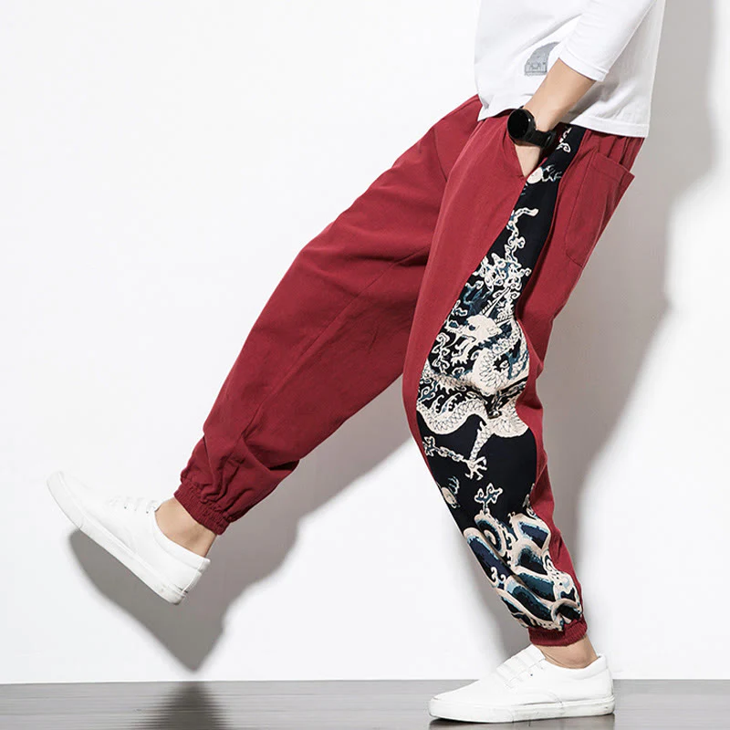 Pantaloni da uomo in cotone Buddha Stones Summer Dragon Waves con tasche - Image 28