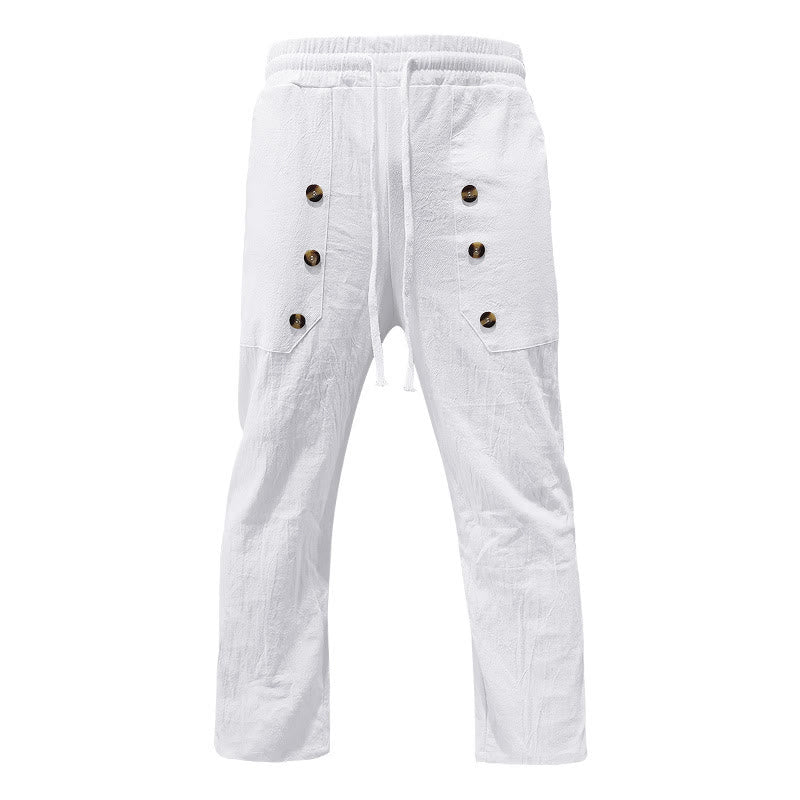 Pantaloni da uomo in cotone casual con bottoni in tinta unita e tasche Buddha Stones