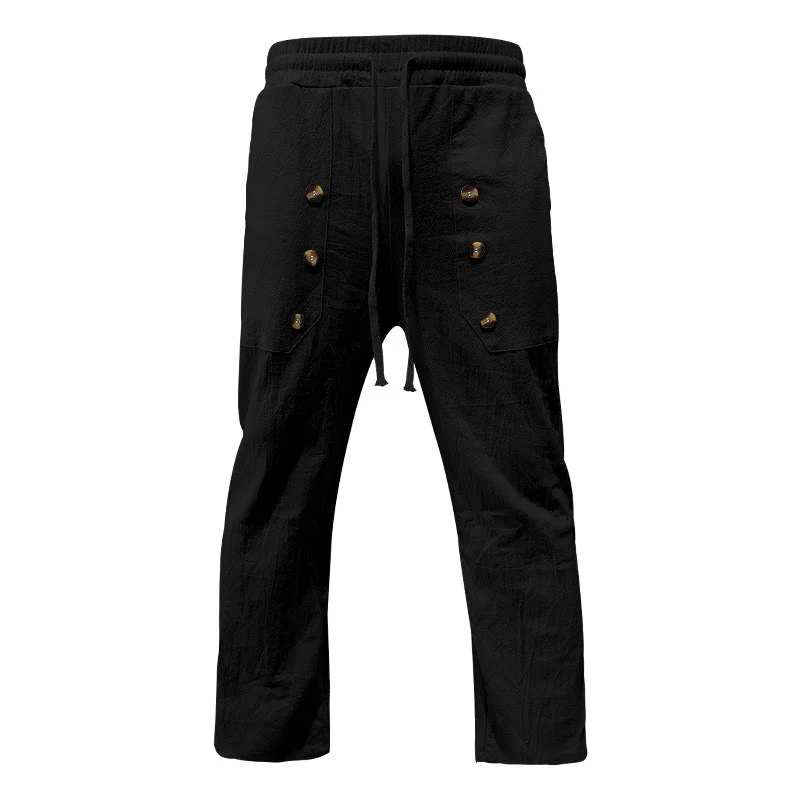 Pantaloni da uomo in cotone casual con bottoni in tinta unita e tasche Buddha Stones - Image 6