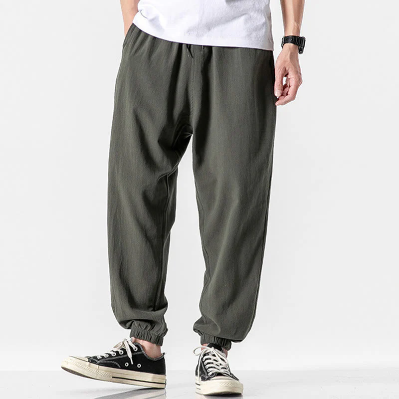 Pantaloni da uomo in cotone con coulisse tinta unita Buddha Stones con tasche - Image 2