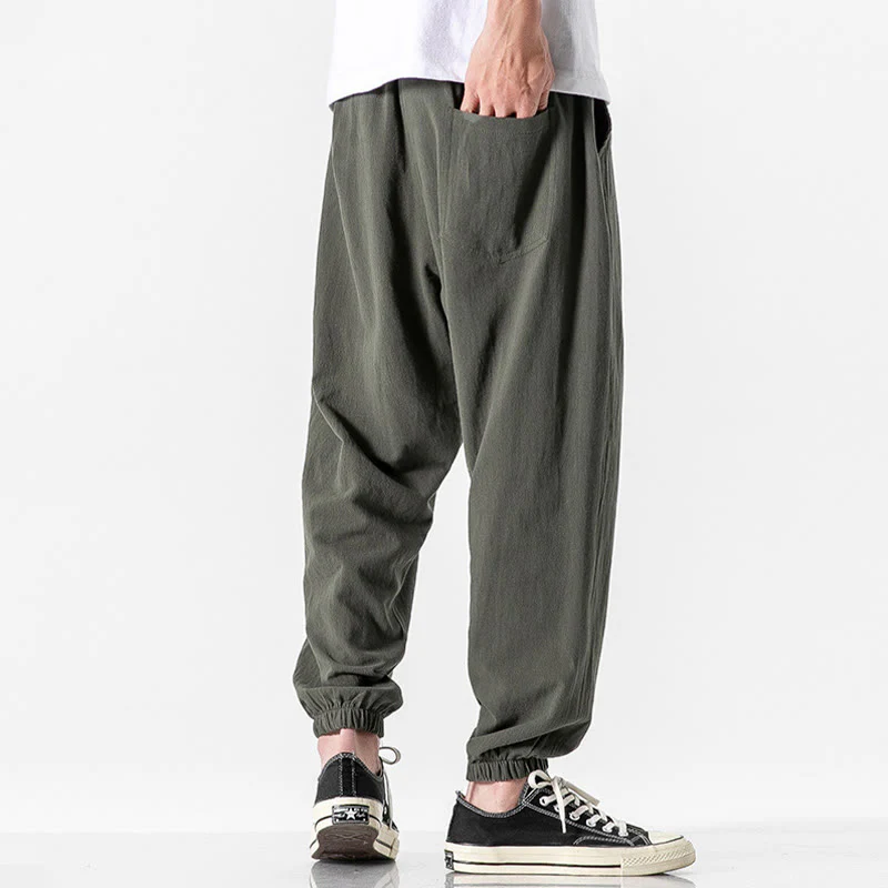 Pantaloni da uomo in cotone con coulisse tinta unita Buddha Stones con tasche - Image 3