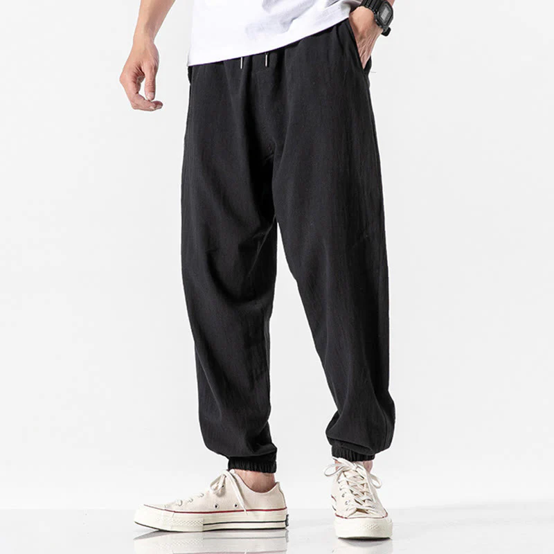 Pantaloni da uomo in cotone con coulisse tinta unita Buddha Stones con tasche - Image 9