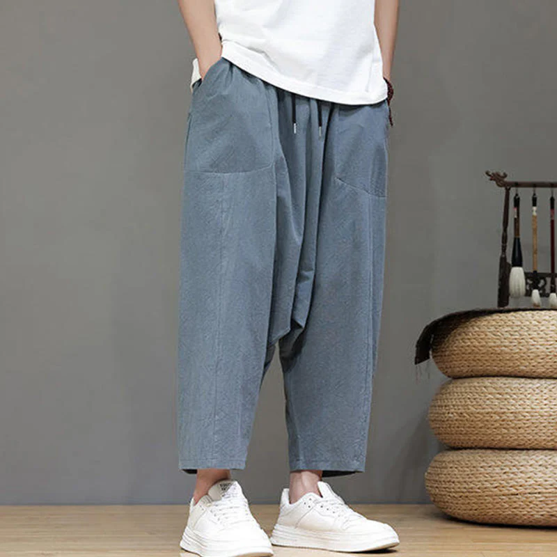 Pantaloni da uomo in cotone con elastico in vita, gamba larga, con coulisse, modello Buddha Stones, casual, tinta unita, cavallo basso, tasche - Image 2