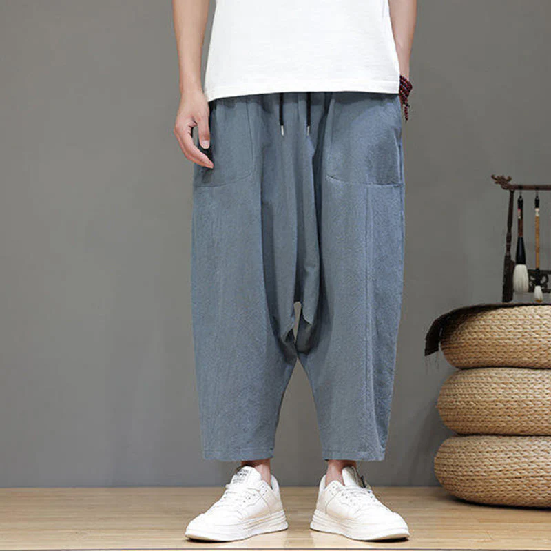 Pantaloni da uomo in cotone con elastico in vita, gamba larga, con coulisse, modello Buddha Stones, casual, tinta unita, cavallo basso, tasche - Image 4