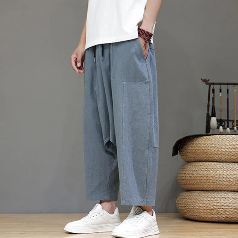 Pantaloni da uomo in cotone con elastico in vita, gamba larga, con coulisse, modello Buddha Stones, casual, tinta unita, cavallo basso, tasche - Image 6