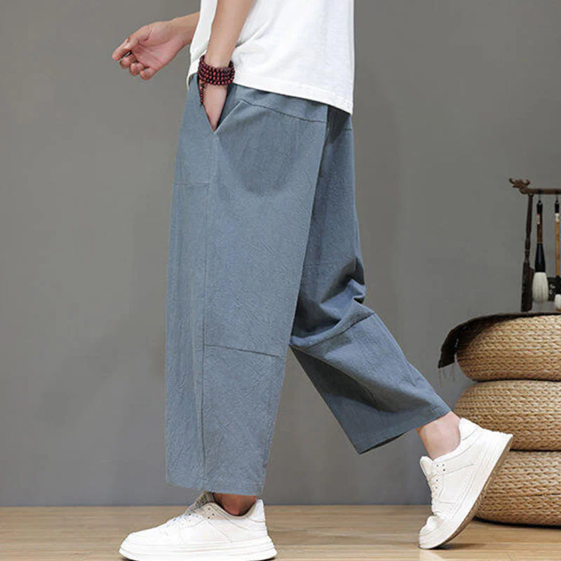 Pantaloni da uomo in cotone con elastico in vita, gamba larga, con coulisse, modello Buddha Stones, casual, tinta unita, cavallo basso, tasche - Image 7