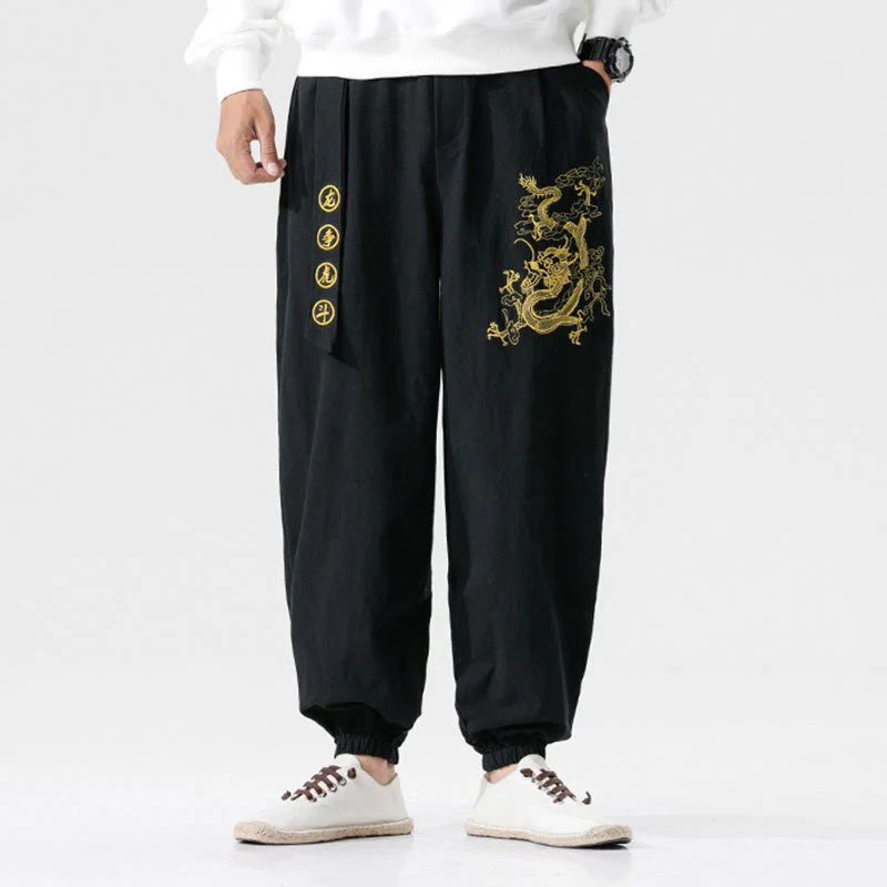 Pantaloni da uomo in cotone con tasche , Buddha Stones, nuvole di buon auspicio, drago - Image 3
