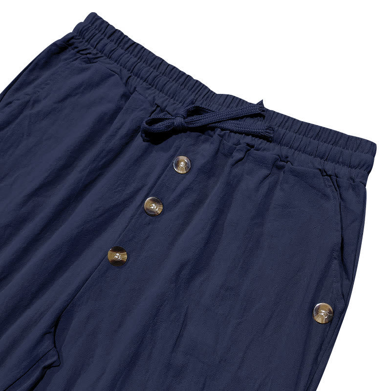 Pantaloni da uomo in cotone con tasche, coulisse e bottoni tinta unita con Buddha Stones - Image 5
