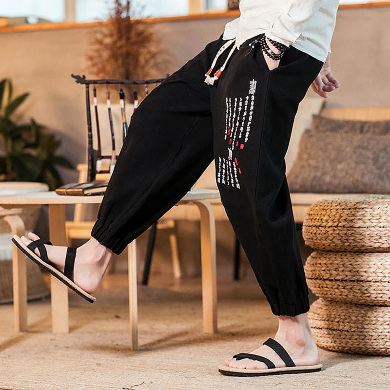 Pantaloni da uomo in cotone con tasche e motivo a caratteri cinesi ricamati con Buddha Stones - Image 17