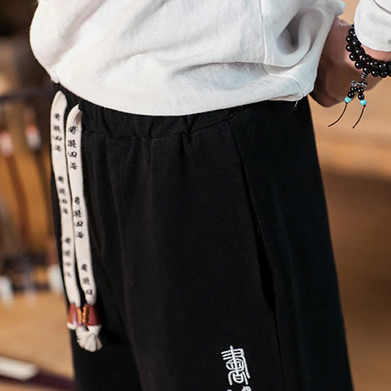 Pantaloni da uomo in cotone con tasche e motivo a caratteri cinesi ricamati con Buddha Stones - Image 18
