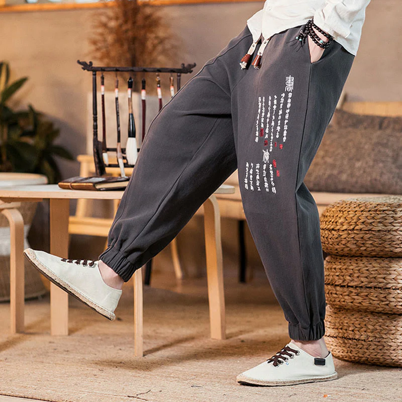 Pantaloni da uomo in cotone con tasche e motivo a caratteri cinesi ricamati con Buddha Stones - Image 8