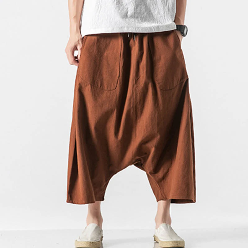Pantaloni da uomo in cotone e lino con coulisse, gamba larga, lunghezza 7-8, con tasche, modello Buddha Stones, casual, con cavallo basso - Image 11