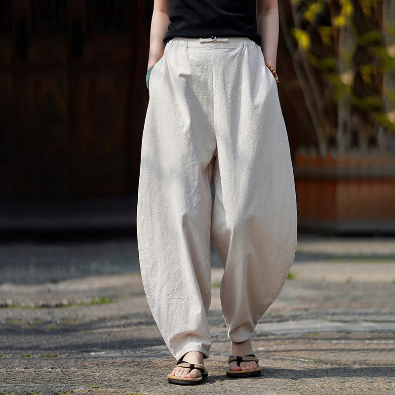 Pantaloni da uomo in cotone e lino con tasche, modello Buddha Stones Summer Plain One Chinese Frog-Botton, gamba dritta
