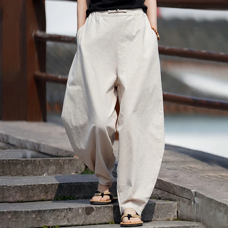 Pantaloni da uomo in cotone e lino con tasche, modello Buddha Stones Summer Plain One Chinese Frog-Botton, gamba dritta - Image 3