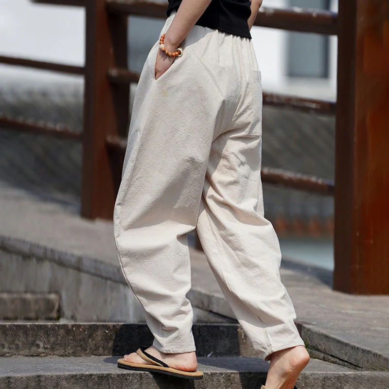 Pantaloni da uomo in cotone e lino con tasche, modello Buddha Stones Summer Plain One Chinese Frog-Botton, gamba dritta - Image 4
