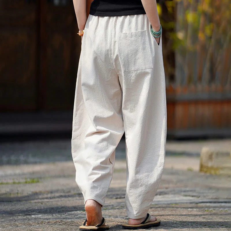 Pantaloni da uomo in cotone e lino con tasche, modello Buddha Stones Summer Plain One Chinese Frog-Botton, gamba dritta - Image 5