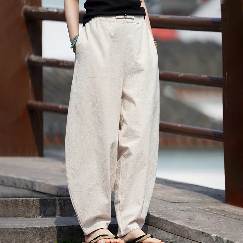 Pantaloni da uomo in cotone e lino con tasche, modello Buddha Stones Summer Plain One Chinese Frog-Botton, gamba dritta - Image 6