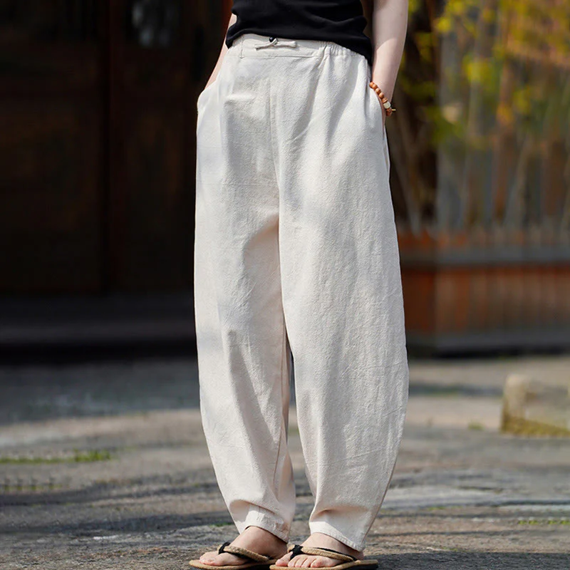 Pantaloni da uomo in cotone e lino con tasche, modello Buddha Stones Summer Plain One Chinese Frog-Botton, gamba dritta - Image 7