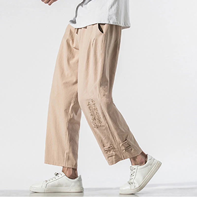 Pantaloni da uomo in cotone e lino con tasche, ricamo estivo con caratteri cinesi Buddha Stones - Image 11