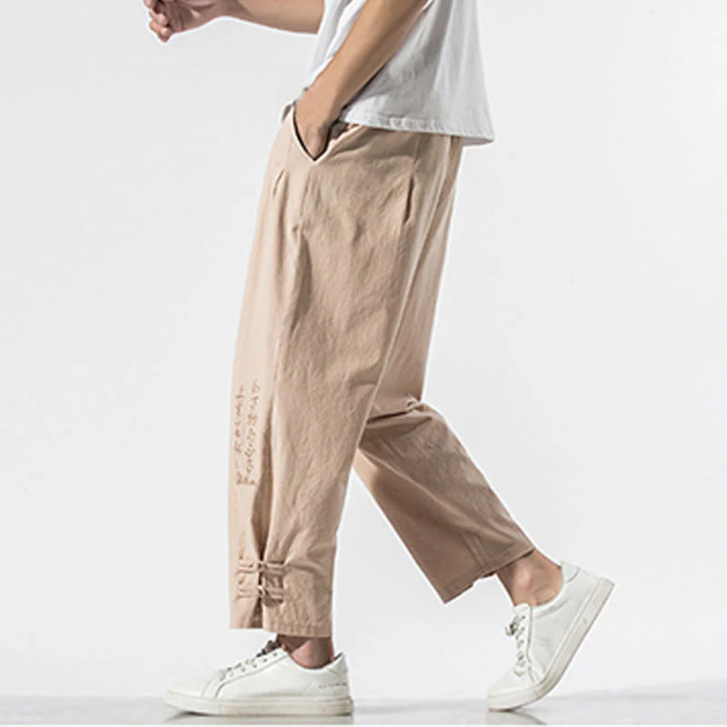 Pantaloni da uomo in cotone e lino con tasche, ricamo estivo con caratteri cinesi Buddha Stones - Image 12