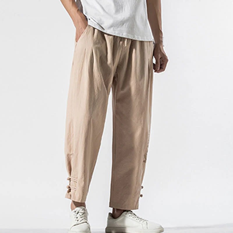 Pantaloni da uomo in cotone e lino con tasche, ricamo estivo con caratteri cinesi Buddha Stones - Image 16