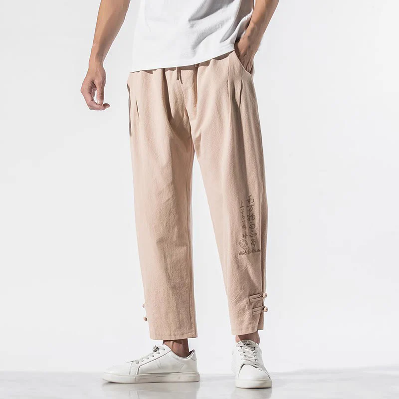 Pantaloni da uomo in cotone e lino con tasche, ricamo estivo con caratteri cinesi Buddha Stones - Image 17